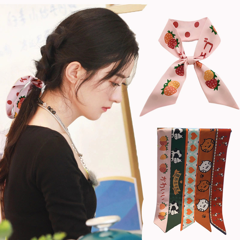 Small long silk scarf female spring and autumn wild hair with narrow small scarf kit floating cartoon fruit decorative scarf