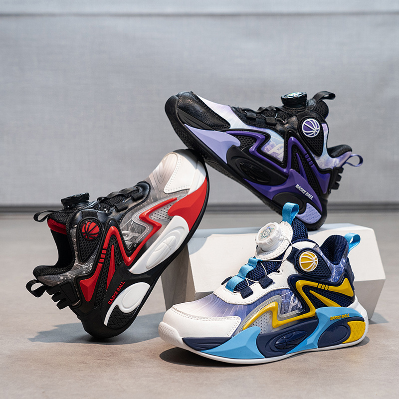 Niños de otoño 2025 nuevos zapatos de baloncesto para niños botones giratorios zapatos deportivos impermeables de cuero para niños