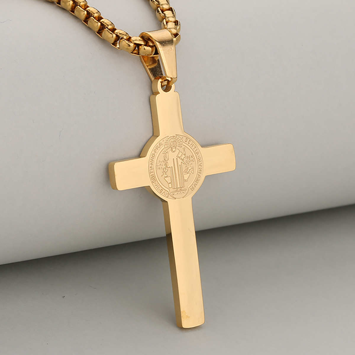 Ebay Export Cross-Border Hot Selling Hip-Hop Punk Prayer Saint Benedict Stainless Steel Cross Religious Pendant