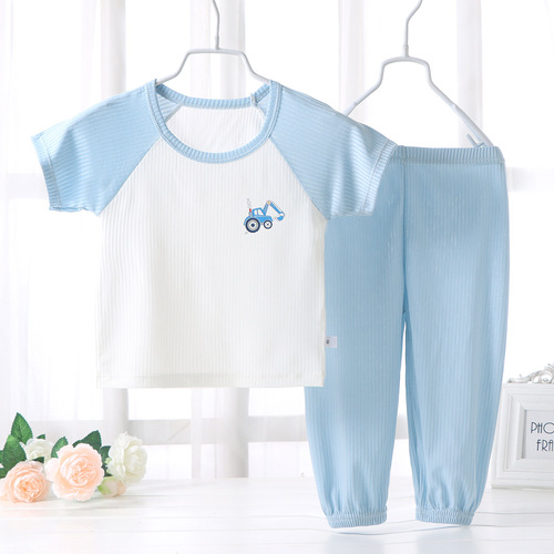 Children's short-sleeved baby boy suit summer anti-mosquito pants boys and girls summer clothes baby ice silk short-sleeved pajamas home clothes