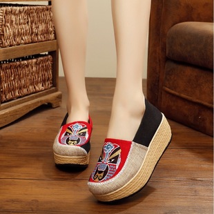 1618-02 New Women's Single Shoes on the Bottom of Platform Beijing Opera Face Linen Edge Canvas Ethnic Style Women's Shoes
