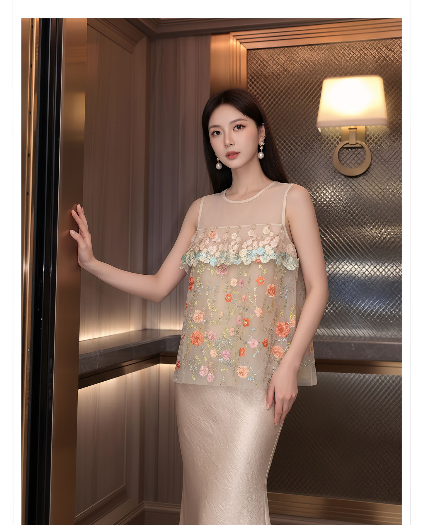 Bộ váy áo vest không tay phong cách Trung Hoa thêu ren họa tiết nặng, chất liệu thoáng khí, gồm áo vest và chân váy nửa kèm theo — bộ đồ, Champagne màu nửa váy, Áo khoác màu mơ chi tiết 4