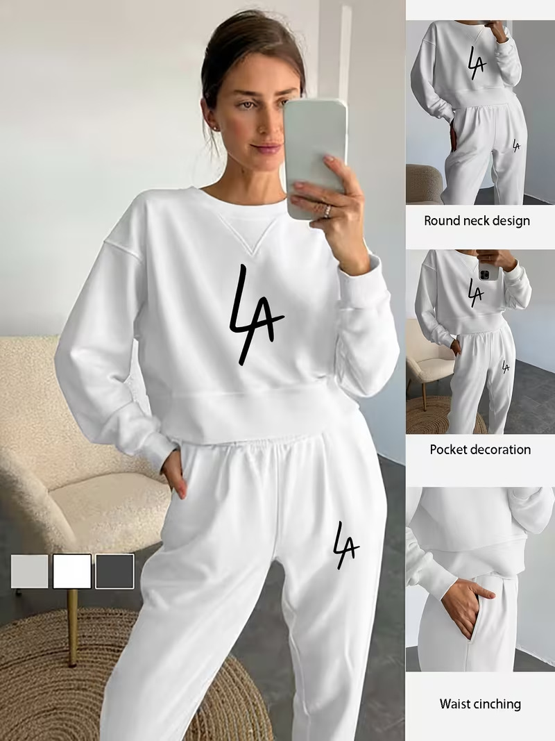 Women's Two Piece Set Fleece Lined Round Neck Casual Print Outfit_voghion.com