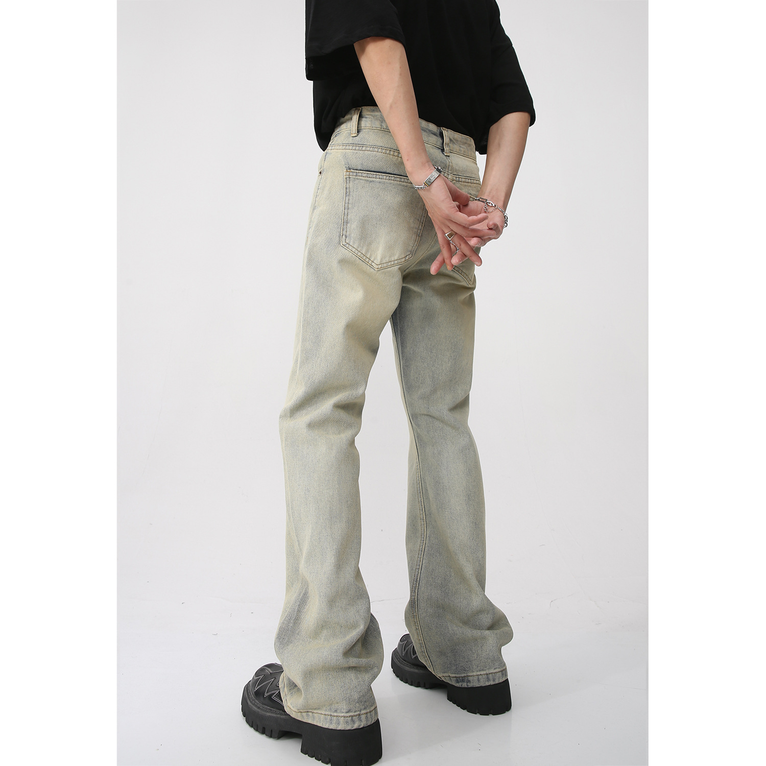 Ropa para hombre MTLCLOTHES | Pantalones vaqueros ajustados acampanados estilo coreano clásico, populares, retro, color amarillo barro, desgastados y desteñidos