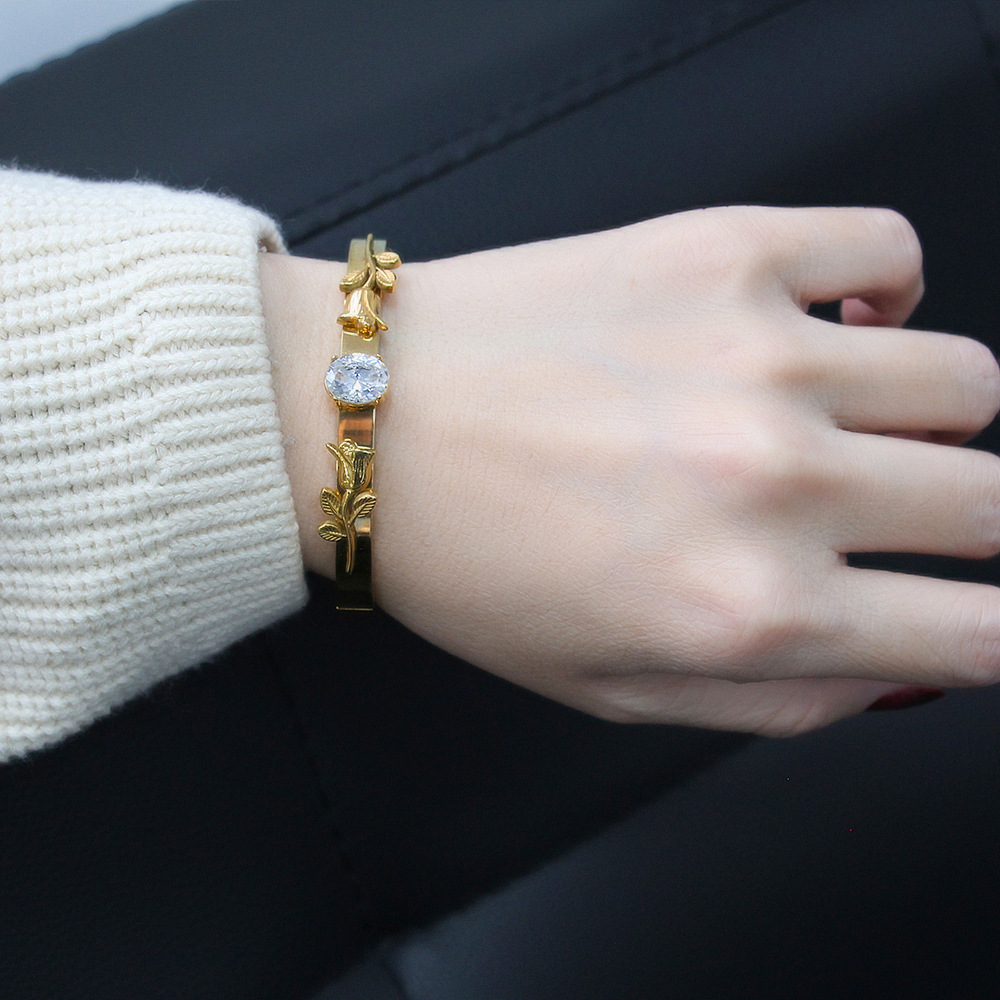 Simple Style Rose Flower Titanium Steel Plating Inlay Zircon Bangle 1 Piece