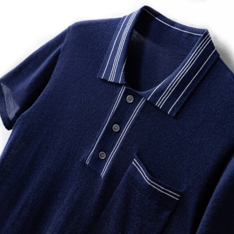 2025 Li Shi Bailan New 80-Count Worsted Pure Cashmere Men's Polo Collar Half-Sleeved Pullover Knitted Slightly See-Through 9810