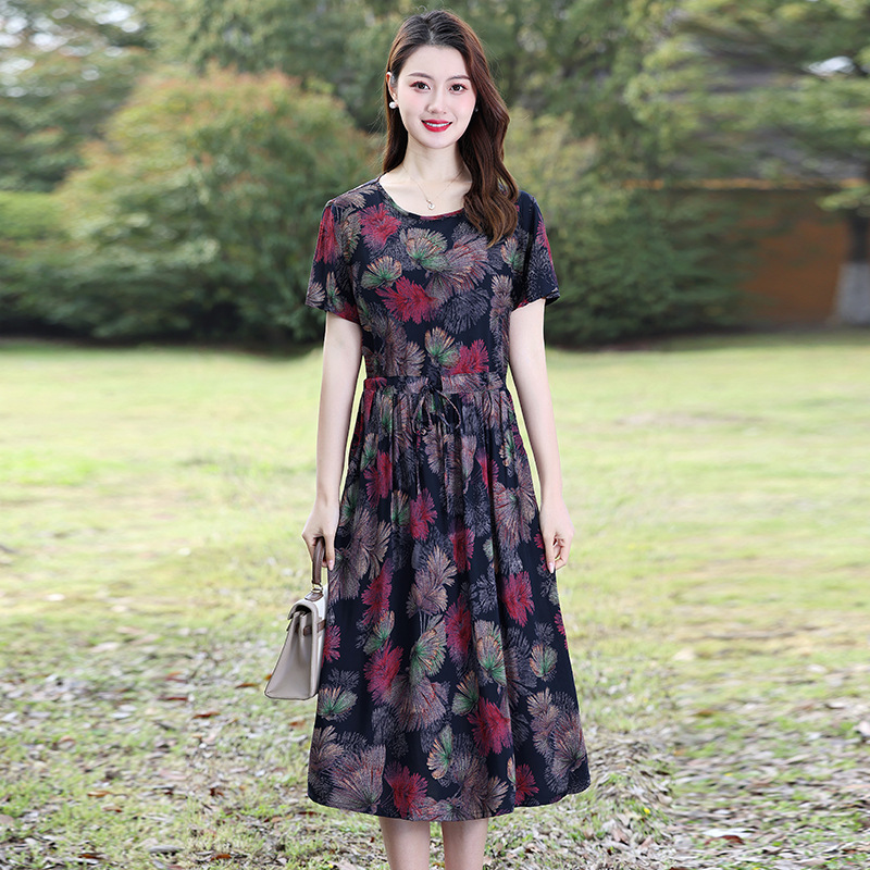 50岁60妈妈夏装棉绸连衣裙中老年圆领短袖大码女士中长款碎花裙子|undefined