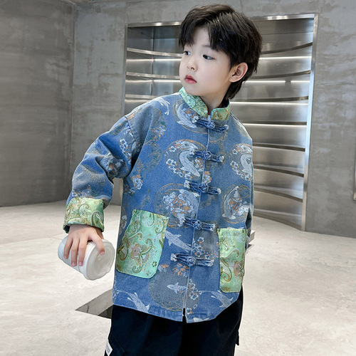 Boys' Hanfu 2024 Spring and Autumn Chinese Style Denim Jacket, Traditional Chinese Children's Nationality Costume Top, Tang-style Formal Dress