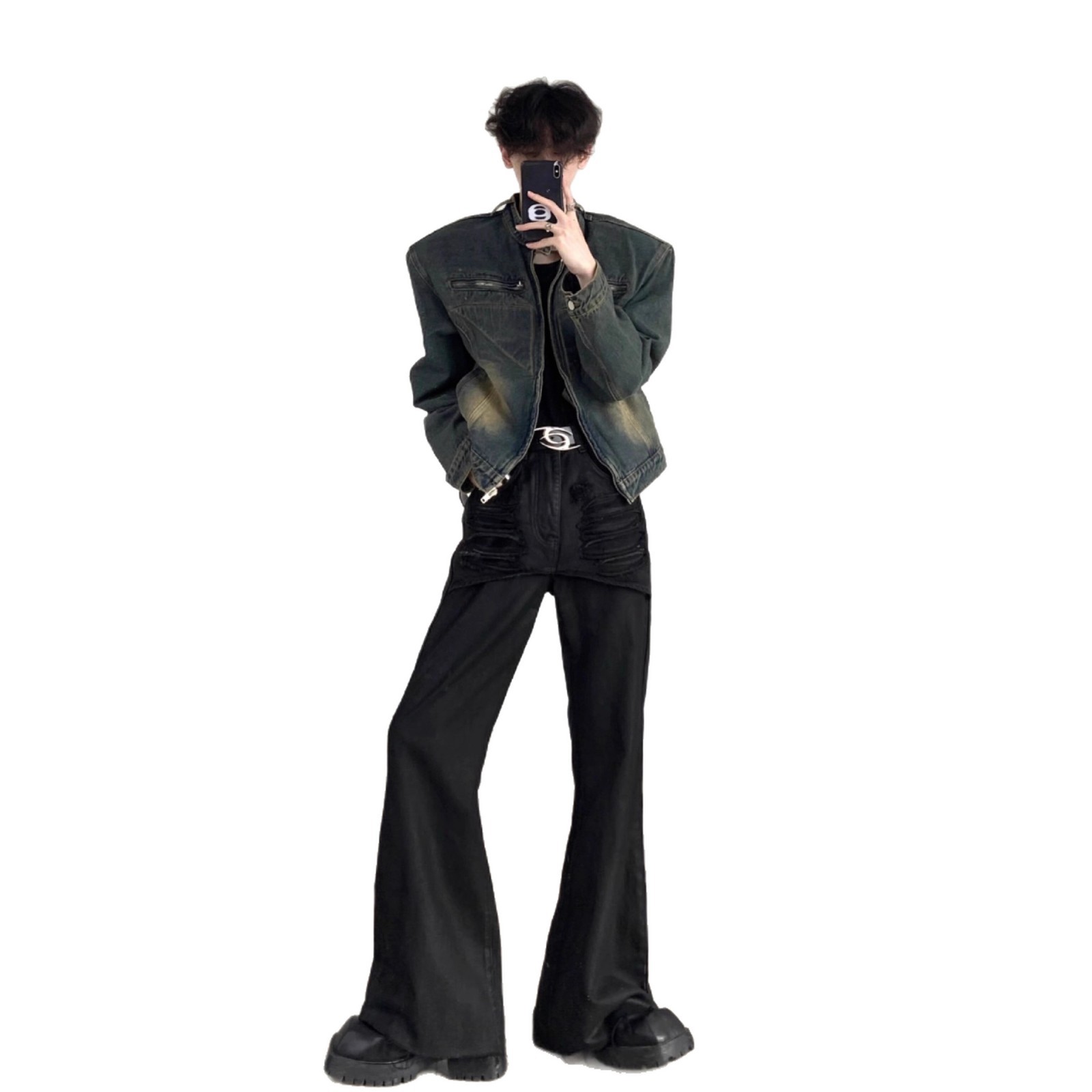 Short Denim Jacket For Men, Rugged And Handsome, Shoulder Pads, Stand Up Collar Denim Jacket For Men_voghion.com