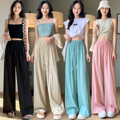 黒ワイドレッグパンツ女性の夏薄い 2025 新しいナローバージョンプリーツドレープアイスシルク日本製レイジースタイル山本パンツ