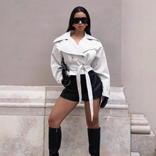 女士翻领系带短款风衣外套欧美双排扣修身上衣跨境女装亚马逊爆款