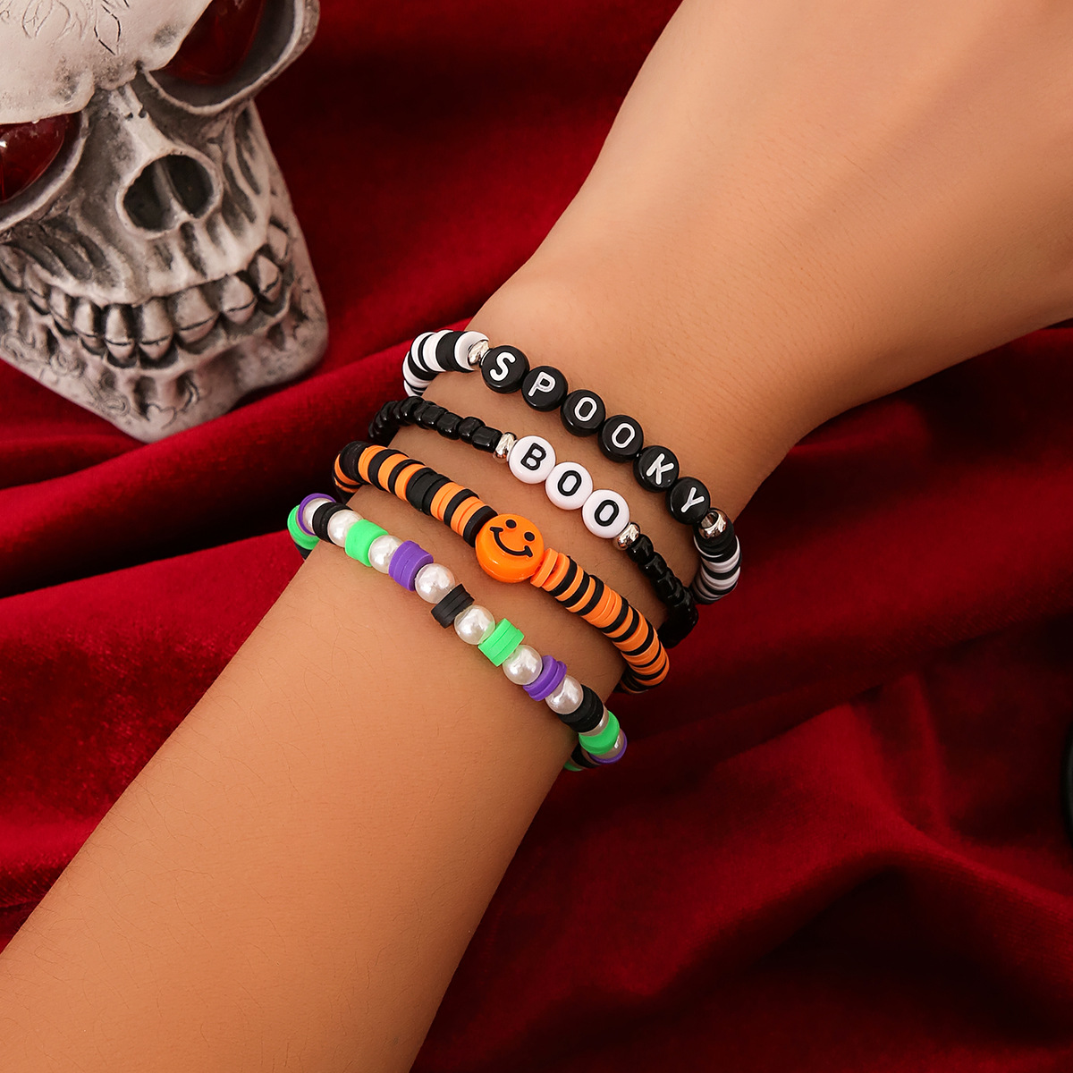 Bracelet de citrouille en perles d'Halloween, ensemble de bijoux de vacances en poterie souple, bracelet en dopamine élastique_voghion.com