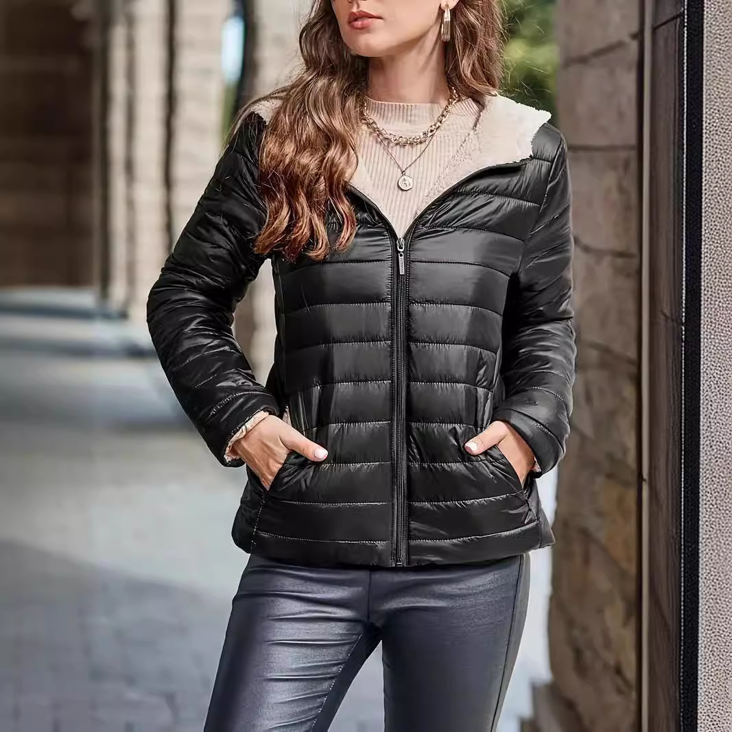Ropa de mujer Nuevo abrigo de algodón de terciopelo con capucha de estilo corto y estilo caliente de otoño e invierno, tops de piel de cordero cálidos, chaqueta de mujer_voghion.com
