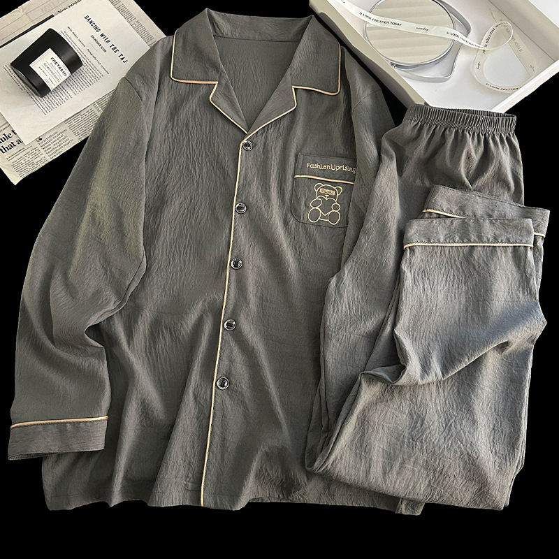 Yunduo 綿パジャマメンズ 2025 新しい夏の長袖ズボン春と秋の薄いホーム服セットは屋外で着用できます|undefined