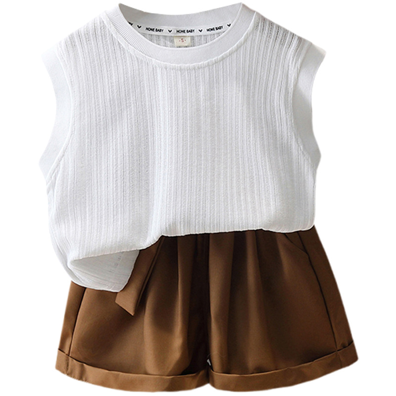 7390 Traje de verano para niños 2025 Nuevo chaleco a rayas sin mangas para niños Verano delgado Versión coreana de dos piezas Verano