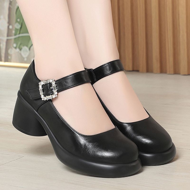 2026 zapatos de cuero retrógrados redondos con una hebilla, zapatos Mary Jane de talón grueso y suave, zapatos de moda para mujeres superficiales
