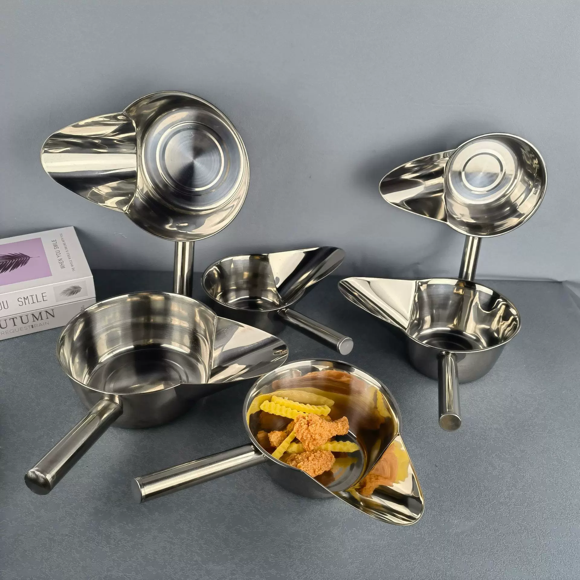 304 201不锈钢鸭嘴勺打包拌撒瓢料炸鸡漏斗装袋商用柳排薯条铲子