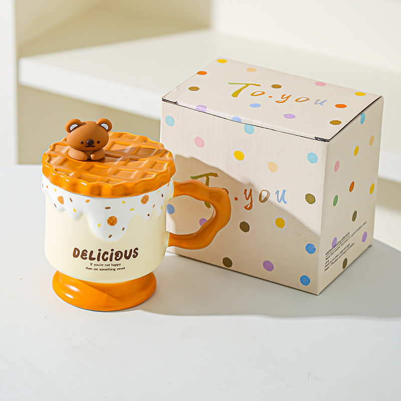Caricatura dulce oso galletas tazas de cerámica con tapa de alta calidad de la oficina taza de agua regalo de mano taza de regalo