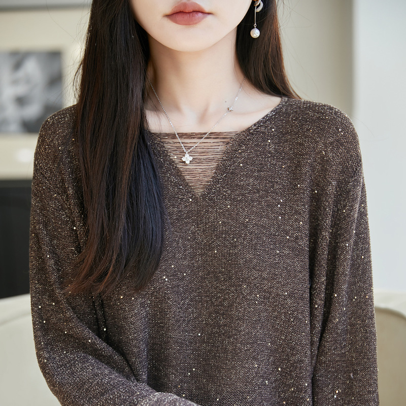 High-end, lightweight, and subtly shimmering brushed V-neck knit sweater for women, loose-fitting, thin, and perfect as a base layer, featuring a hollow-out design and long sleeves