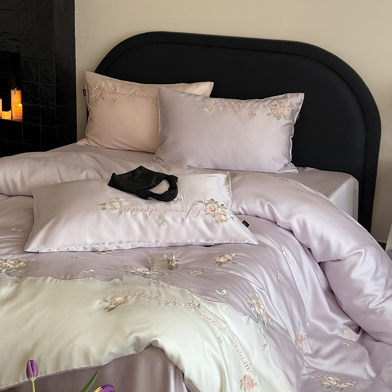 Summer 100 Tencel Four-piece Set Light Luxury Small Chanel Flower Quilt Cover Bed Sheet Naked Sleeping Double-sided Ice Silk Cool Bedding 4