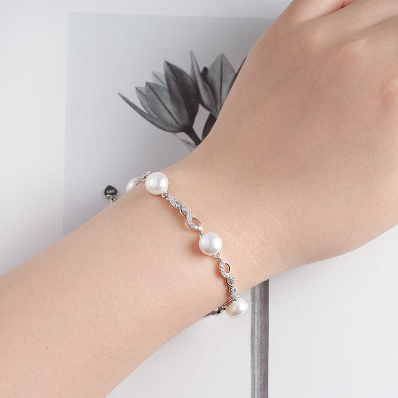Elegant Silver Moissanite Pearl Bracelet, Natural Freshwater Pearl Jewelry for Women, Mother's Day Gift