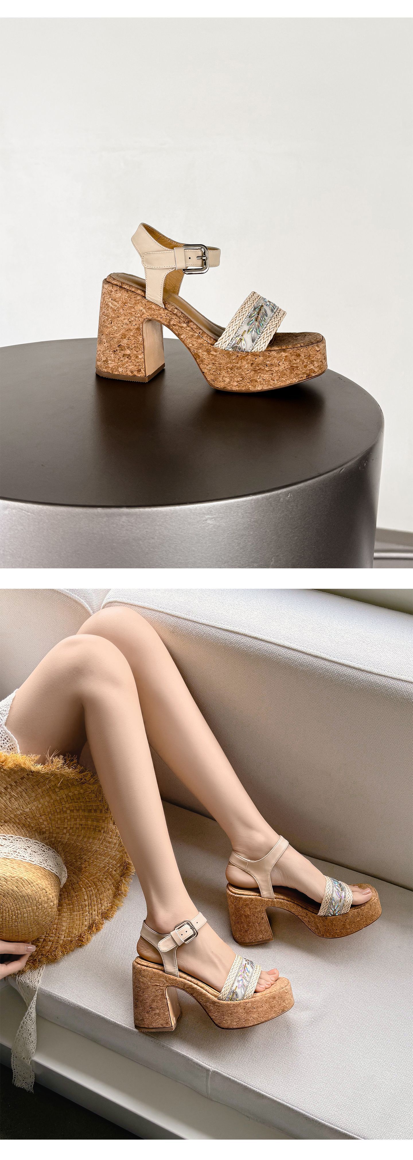 Sandal cao gót nữ mũi vuông phong cách Pháp, quai đan kiểu La Mã, gót 9 cm — xanh lá cây, màu mơ chi tiết 16