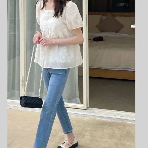 Women's Summer New Slimming Square Collar Puff Sleeve Shirt, French Texture Babydoll Top with Short Sleeve