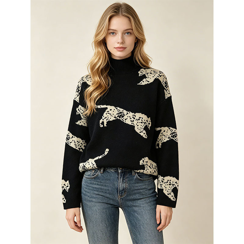 Cross-Border Source Factory Leopard Jacquard Half-Turtleneck Sweater for Women, Autumn and Winter Loose Lazy Style Knit Top Wholesale