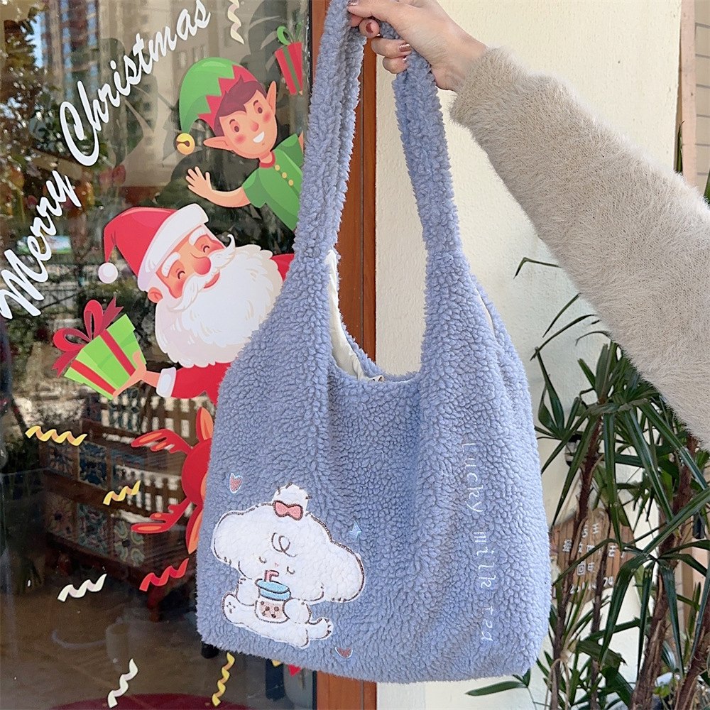 312201 Korean version ins Autumn/Winter Collection, fluffy single-shoulder bag, cute female dog embroidered large capacity tote bag undefined