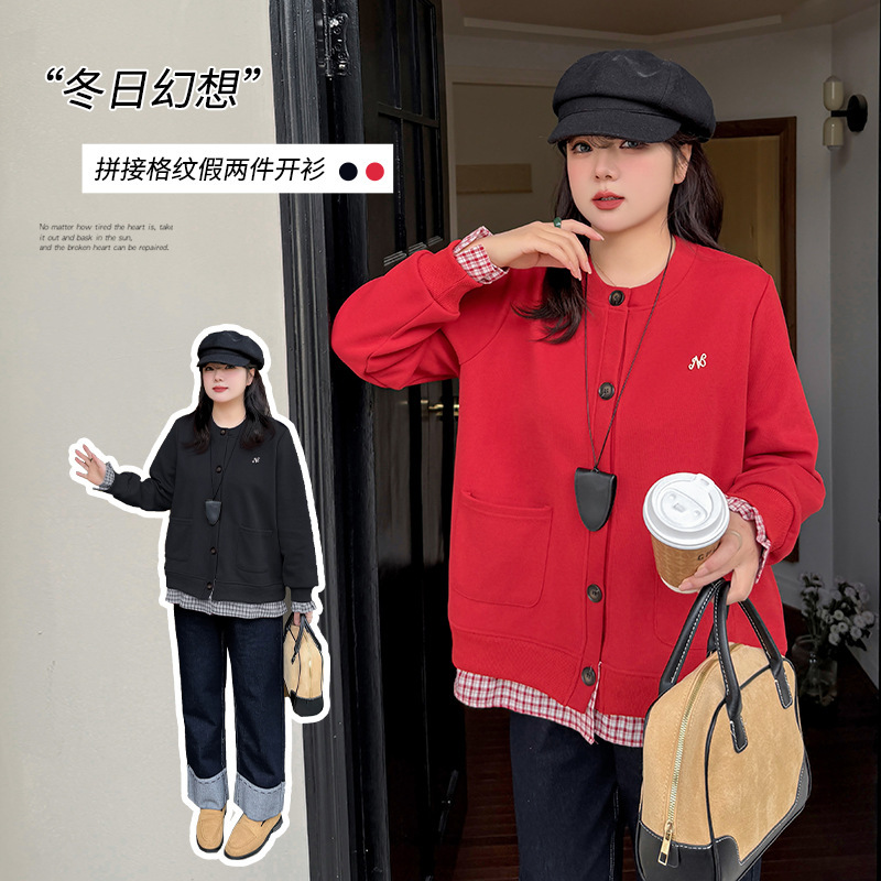 Inno Plus Size Women's Patchwork Plaid Fake Two-Piece Cardigan Women's Winter New Slim Top 111980