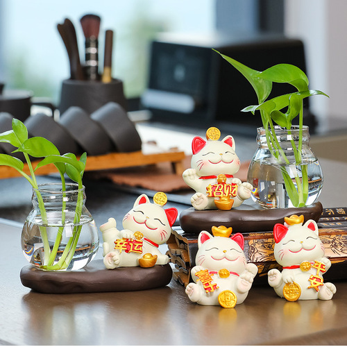 Creative living room decorations lucky cat glass flower ware home accessories office desk pothos vase ceramic hydroponic ware
