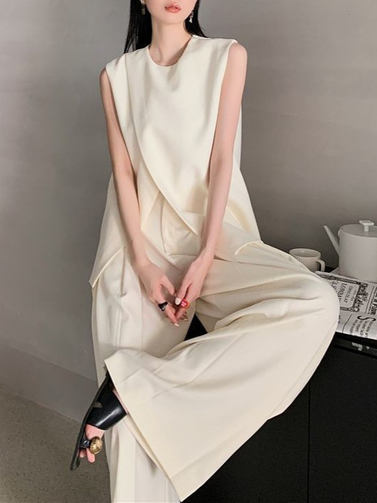 夏の新しい韓国スタイルのハイエンドの気質スーツベストワイドレッグパンツツーピーススーツ女性のファッショナブルなスタイル|undefined