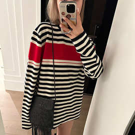 美式穿搭撞色条纹针织衫女早秋宽松慵懒新款上衣