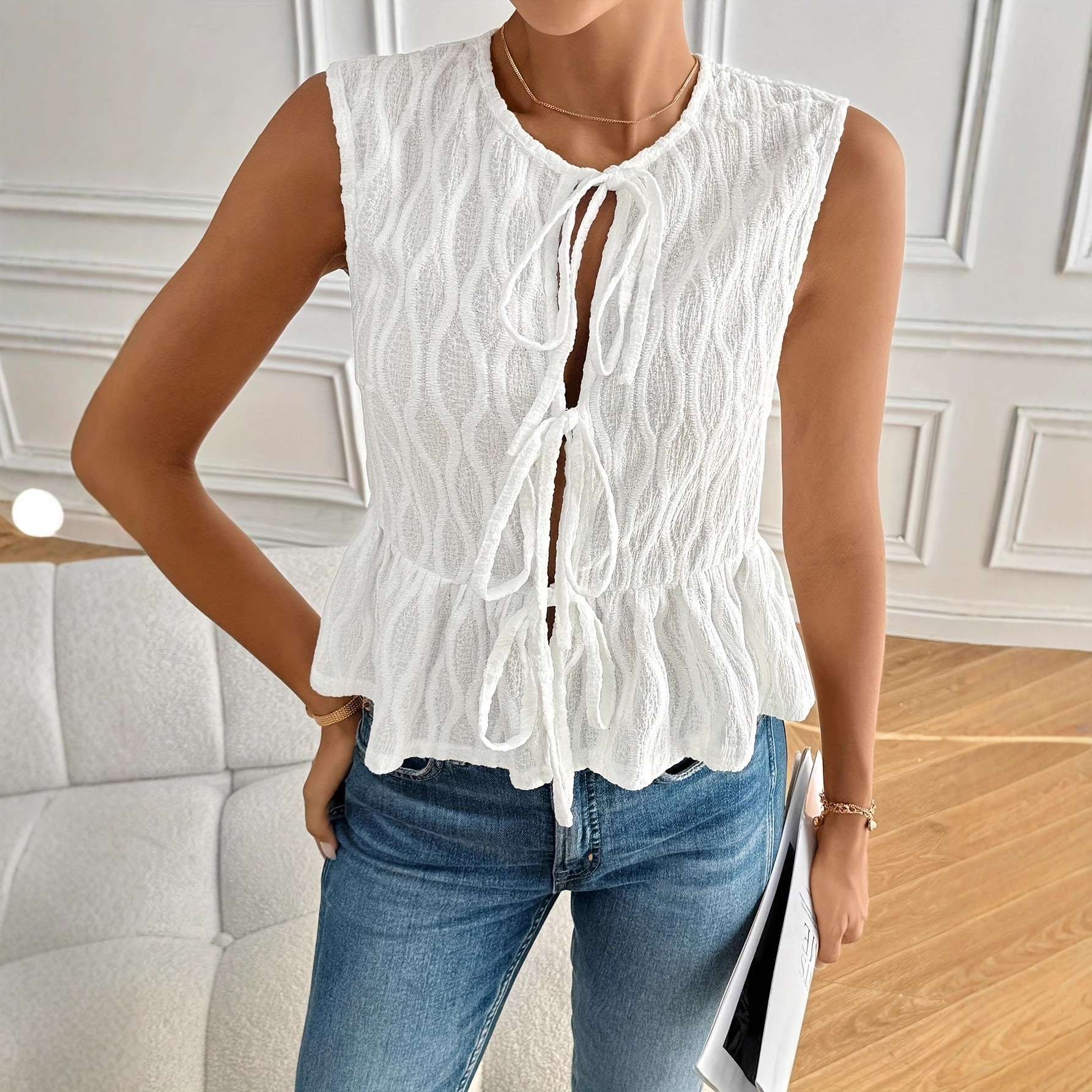 European and American Cross-Border Amazon Summer Hot-Selling Popular Front Lace-Up Casual Round Neck Fashion Vest Women's Foreign Trade Independent Station
