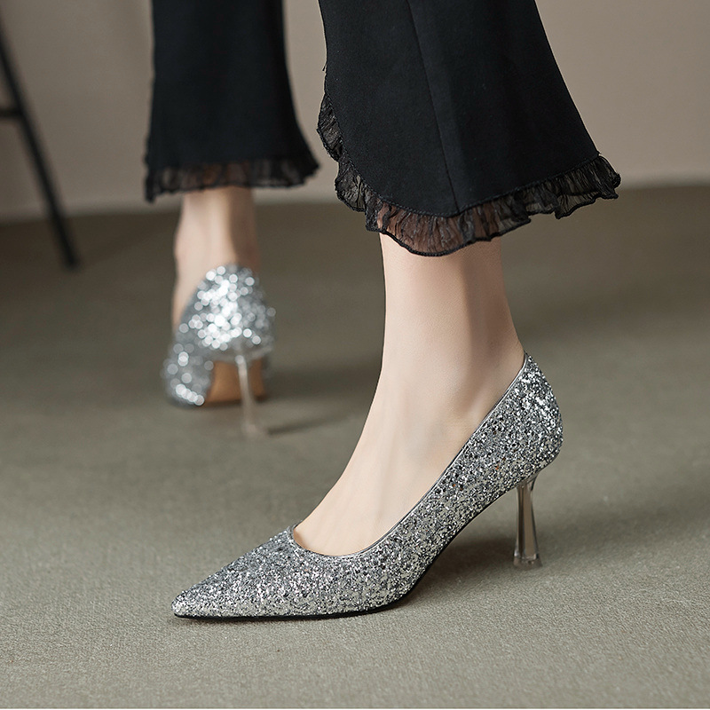 Giày cao gót nữ mũi nhọn đính sequin gót pha lê bạc — Màu bạc