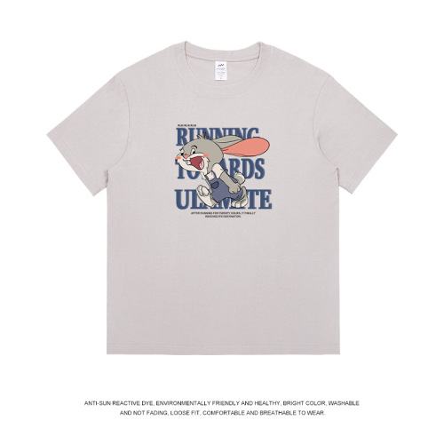 Men's Loose Summer Trend Brand T-Shirt with Rabbit Japanese Style Print, Crew Neck Casual Half-Sleeve Sweatshirt