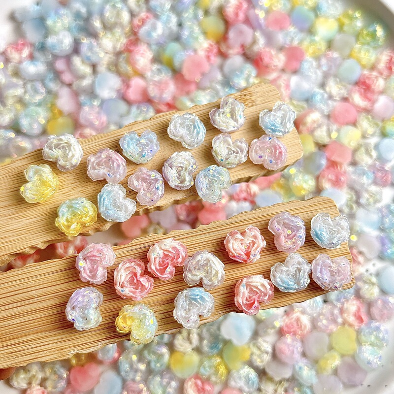 Two-Color Heart-Shaped Rose Soft Resin Flower Nail Art Decorations, Luminous 3D Resin Carved Sweet Nail Accessories Wholesale