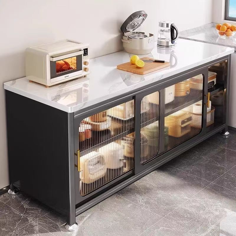 Sliding door carbon steel sideboard, kitchen storage rack, extra-thick rock slab cabinet, multi-layer bowl cabinet for home use, dust-proof storage cabinet Sliding door carbon steel sideboard, kitchen storage rack, extra-thick rock slab cabinet, multi-layer bowl cabinet for home use, dust-proof storage cabinet