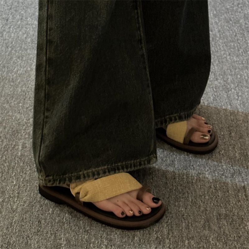 2026 Summer New Women's Flat Sandals, Vintage Denim Buckle Strap Open-Toe Versatile Comfortable Casual Slippers