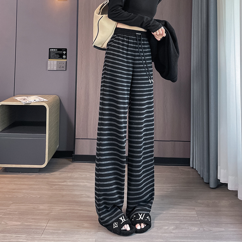 【2559】新款秋冬百搭针织条纹休闲裤女宽松直筒高腰显瘦拖地裤子|undefined