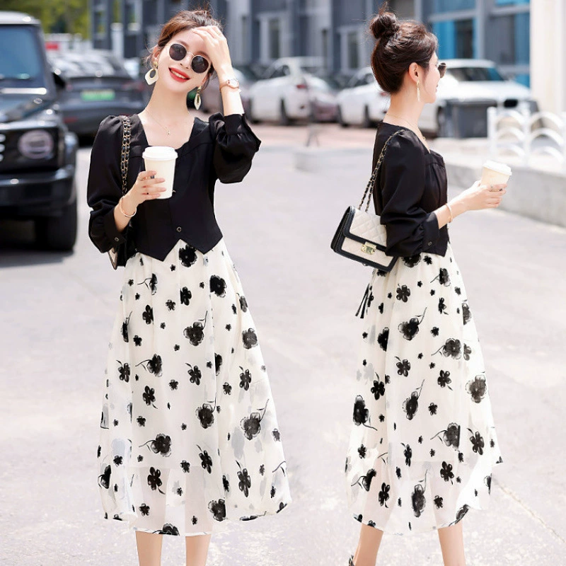 Новый стиль, большая распашная юбка, весенне-летняя драпированная юбка с большими цветами, утягивающая женская сетчатая юбка средней длины для поездок на работу