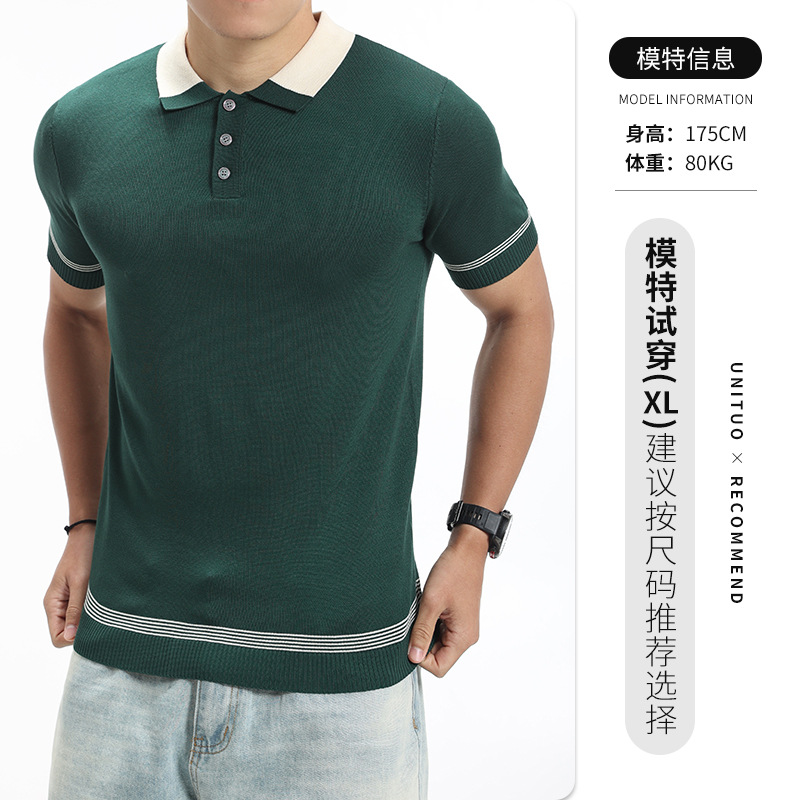 Nuevo polo de hielo de punto para hombres, camiseta de manga corta, vieja camiseta de negocios de alto nivel, camiseta de concha casuales para hombres