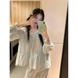 实拍2026夏季韩版甜美公主风棉纱蕾丝小清新娃娃领长袖家居服批发