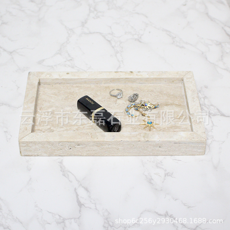 Bandeja decorativa de travertino natural para almacenamiento en el hogar y alojamientos, bandeja de almacenamiento de alta gama para lavabo de baño, aromaterapia de lujo ligero.
