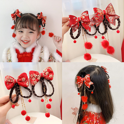 Chinese style New Year's headdress children's Tang suit Hanfu New Year hair accessories baby girl's wig bow tassel hairpin