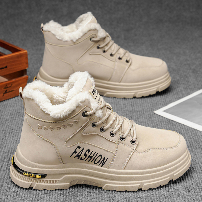 Winter Men's Shoes, Fleece-Lined High-Top Work Shoes, Trendy And Versatile, Thick-Soled, Non-Slip, Extra-Thick, Warm Cot_vogvips.com