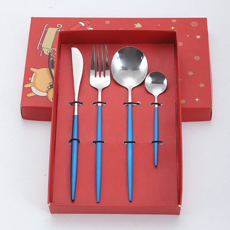 Amazon caja de regalo de Navidad transfronteriza cuchillo de acero inoxidable portugués, tenedor y cuchara conjunto de cuatro piezas cuchillo de carne y tenedor cuchara de comida principal