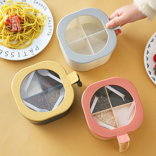 Set of 4-in-1 kitchen seasoning boxes with spoon, divided compartments, and lids