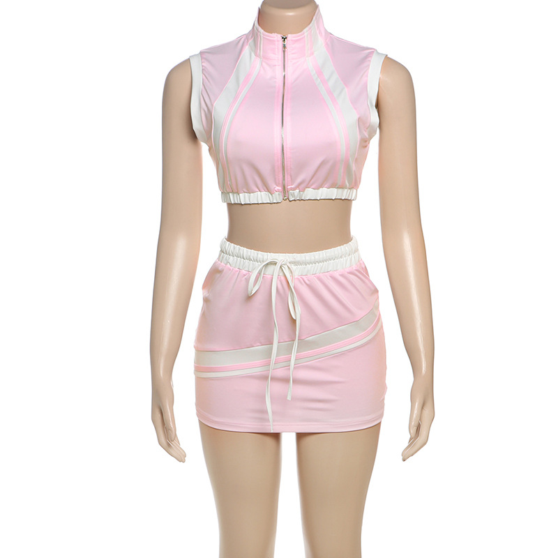 Spring Summer Women Sexy Cropped Zipper Top Slim Fit Hip Wrapped Short Skirt Set Women