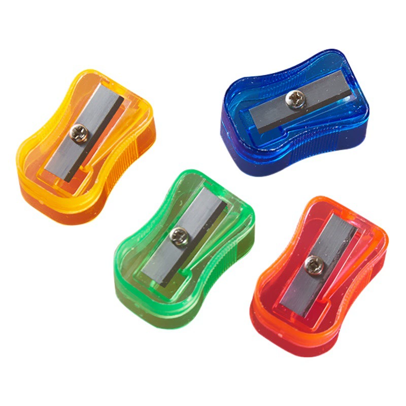 Красочная маленькая точилка для карандашей для школьников, однозаходная пластиковая точилка с мультяшным дизайном и геометрической формой.